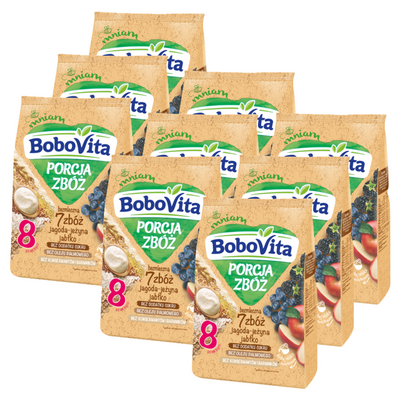BoboVita Porcja Zbóż Kaszka bezmleczna 7 zbóż jagoda-jeżyna-jabłko po 8. miesiącu życia ZESTAW 9x170g